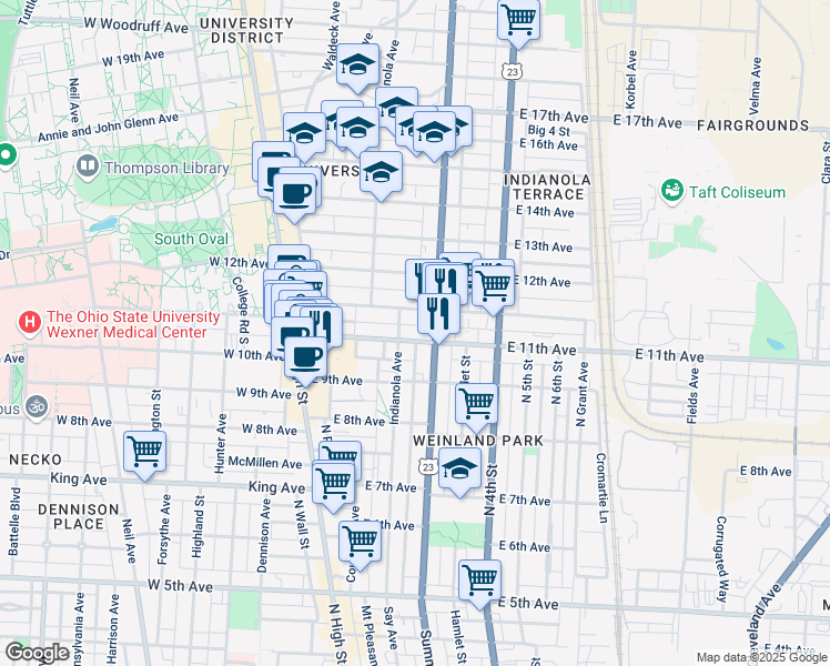 map of restaurants, bars, coffee shops, grocery stores, and more near in Columbus