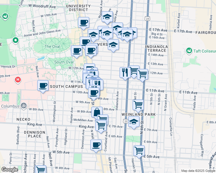 map of restaurants, bars, coffee shops, grocery stores, and more near 107 East 11th Avenue in Columbus