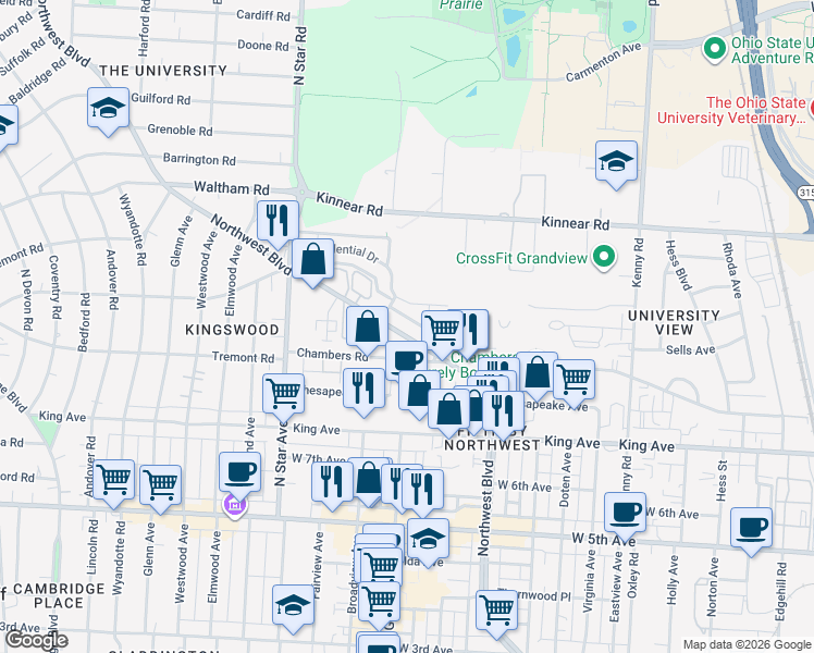 map of restaurants, bars, coffee shops, grocery stores, and more near 1805 Northwest Boulevard in Columbus