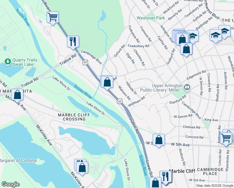 map of restaurants, bars, coffee shops, grocery stores, and more near 1920 Riverside Drive in Columbus