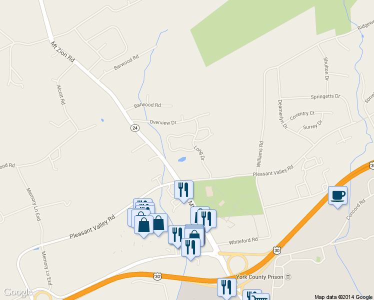 map of restaurants, bars, coffee shops, grocery stores, and more near 89 Jean Lo Way in York