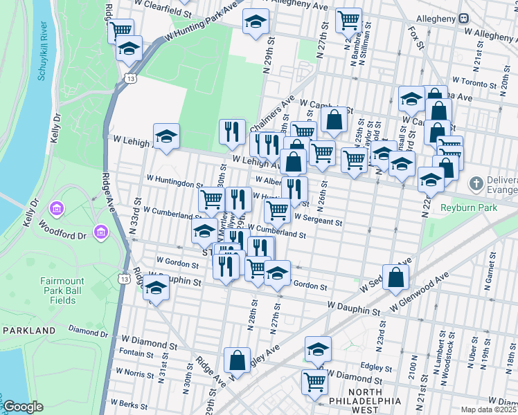 map of restaurants, bars, coffee shops, grocery stores, and more near 2546 North Newkirk Street in Philadelphia