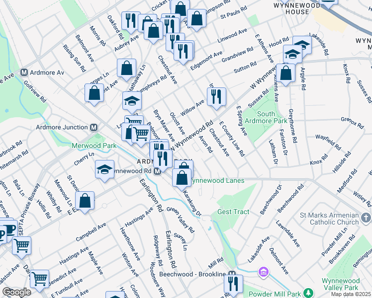 map of restaurants, bars, coffee shops, grocery stores, and more near 2315 Bryn Mawr Avenue in Ardmore