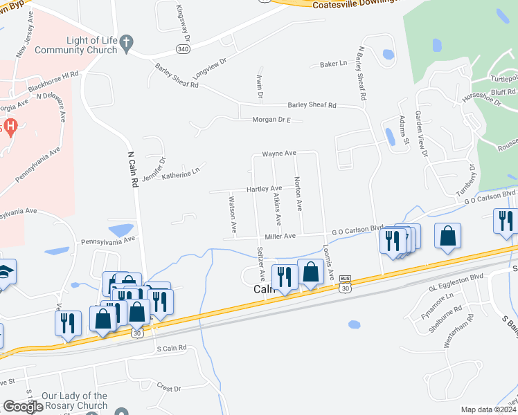 map of restaurants, bars, coffee shops, grocery stores, and more near 241 Seltzer Avenue in Coatesville