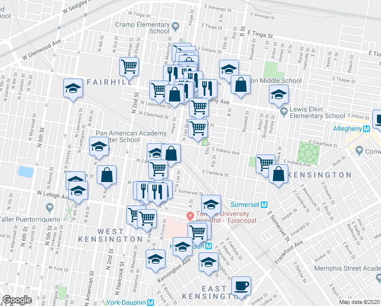 map of restaurants, bars, coffee shops, grocery stores, and more near 118-60 East Indiana Avenue in Philadelphia