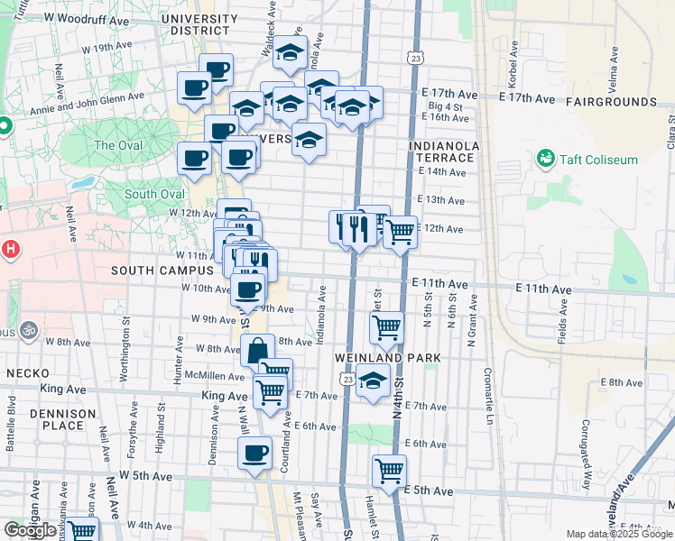 map of restaurants, bars, coffee shops, grocery stores, and more near in Columbus