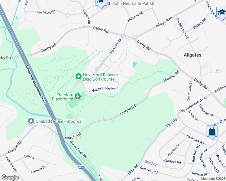 map of restaurants, bars, coffee shops, grocery stores, and more near 234 Valley Ridge Road in Haverford