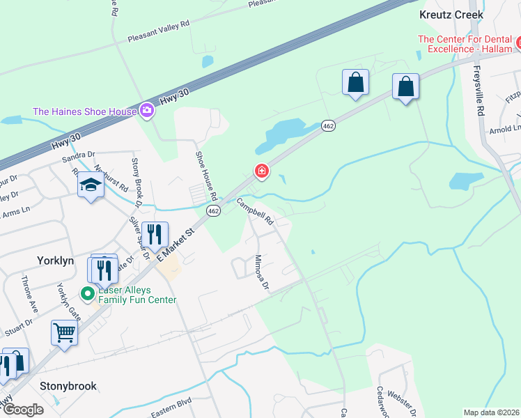 map of restaurants, bars, coffee shops, grocery stores, and more near 65 Campbell Road in York