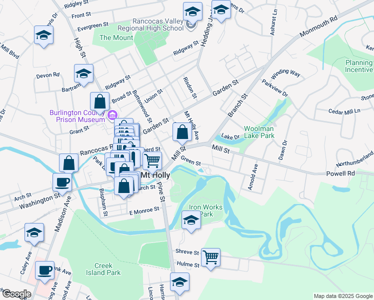 map of restaurants, bars, coffee shops, grocery stores, and more near 136 Mill Street in Mount Holly