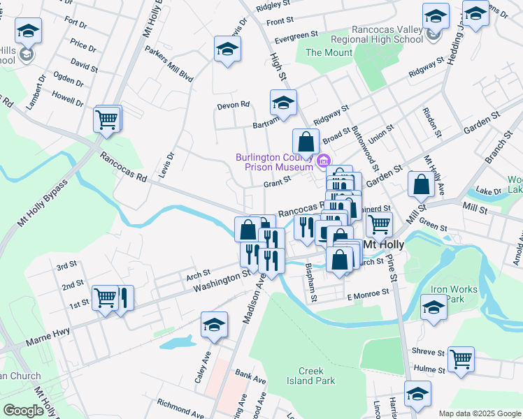 map of restaurants, bars, coffee shops, grocery stores, and more near 120 King Street in Mount Holly