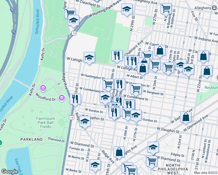 map of restaurants, bars, coffee shops, grocery stores, and more near 2526 North 30th Street in Philadelphia