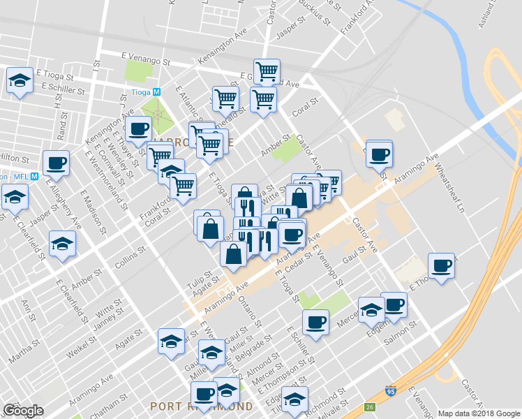 map of restaurants, bars, coffee shops, grocery stores, and more near 3546 Janney Street in Philadelphia