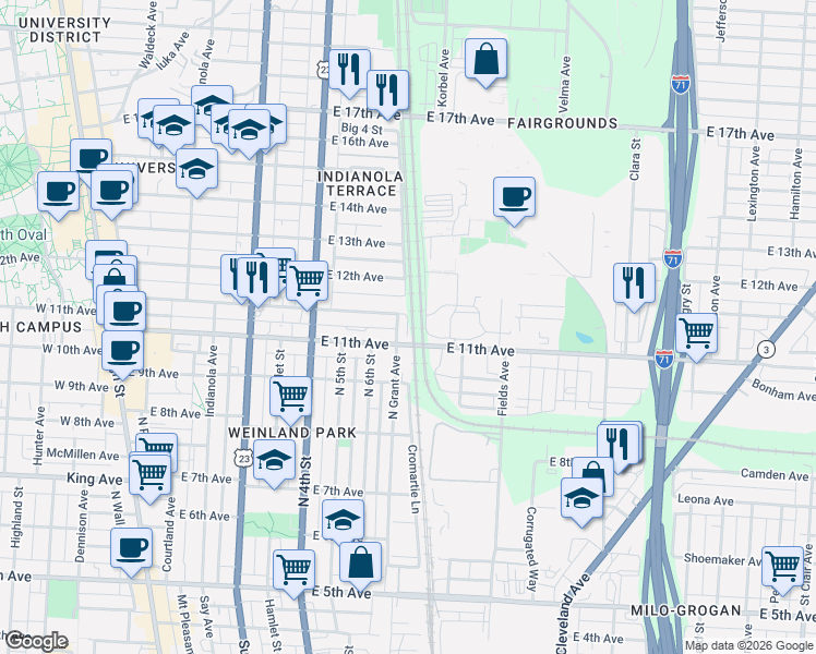 map of restaurants, bars, coffee shops, grocery stores, and more near Chittenden Avenue in Columbus