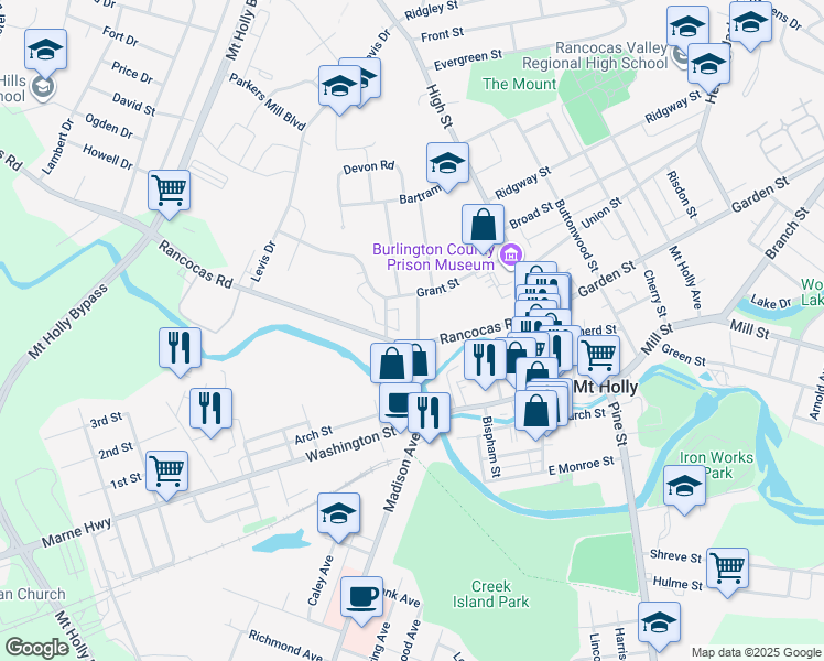 map of restaurants, bars, coffee shops, grocery stores, and more near 120 King Street in Mount Holly