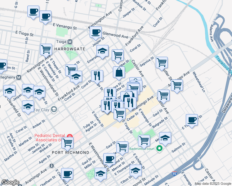 map of restaurants, bars, coffee shops, grocery stores, and more near 3546 Janney Street in Philadelphia