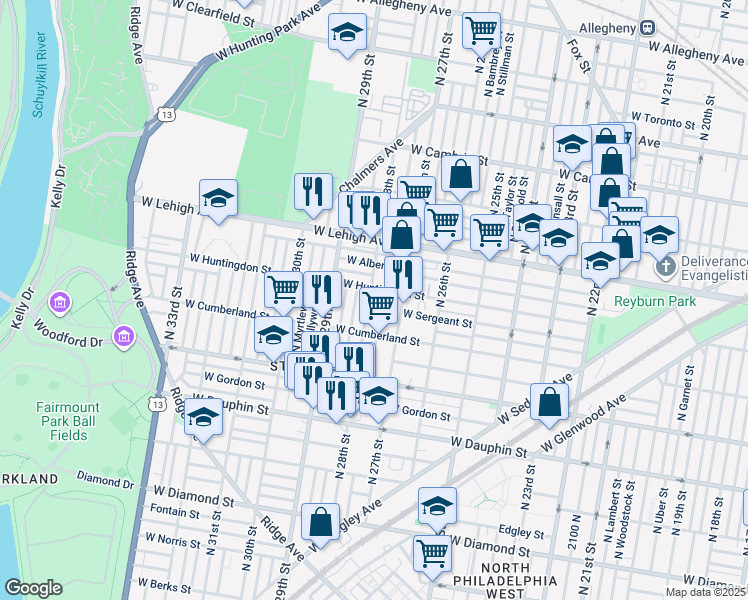 map of restaurants, bars, coffee shops, grocery stores, and more near 2549 North 28th Street in Philadelphia