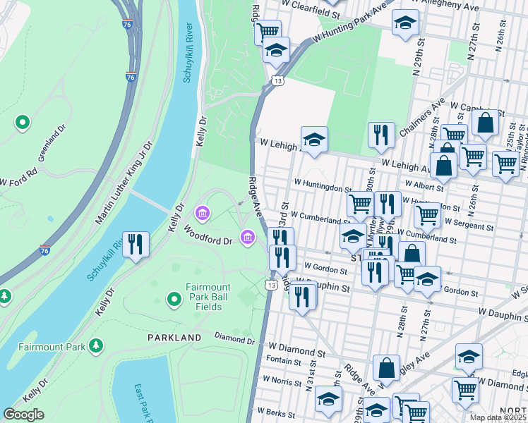 map of restaurants, bars, coffee shops, grocery stores, and more near 3369 Ridge Avenue in Philadelphia
