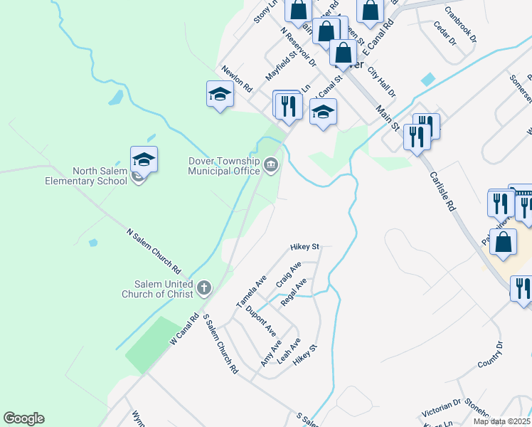 map of restaurants, bars, coffee shops, grocery stores, and more near 2544 Municipal Road in Dover