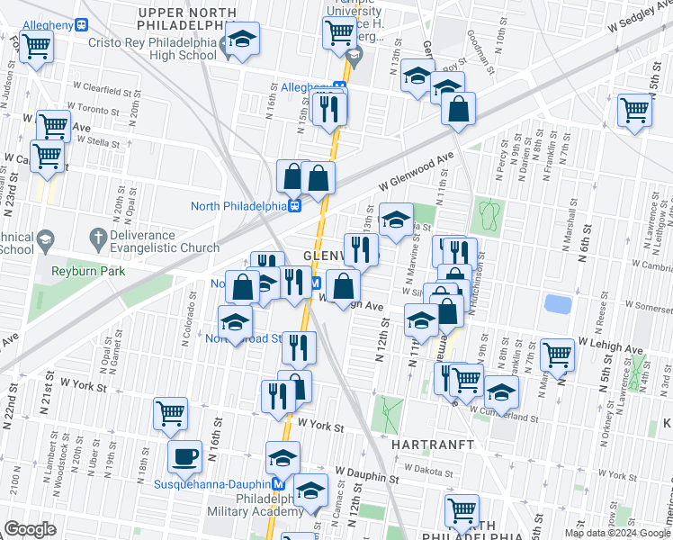 map of restaurants, bars, coffee shops, grocery stores, and more near 1331 West Silver Street in Philadelphia