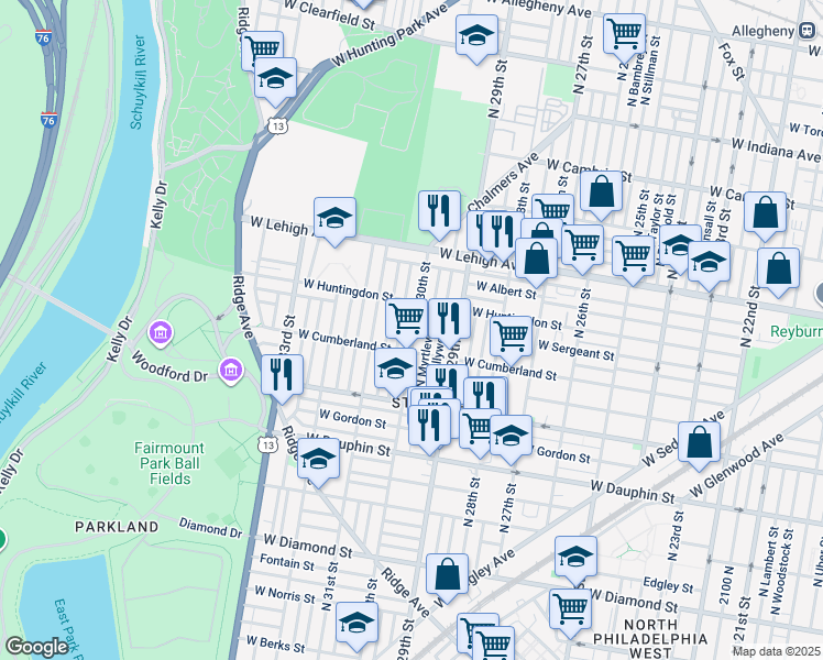 map of restaurants, bars, coffee shops, grocery stores, and more near 2528 North 30th Street in Philadelphia