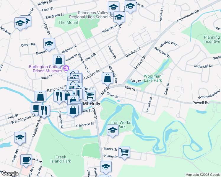 map of restaurants, bars, coffee shops, grocery stores, and more near 136 Mill Street in Mount Holly