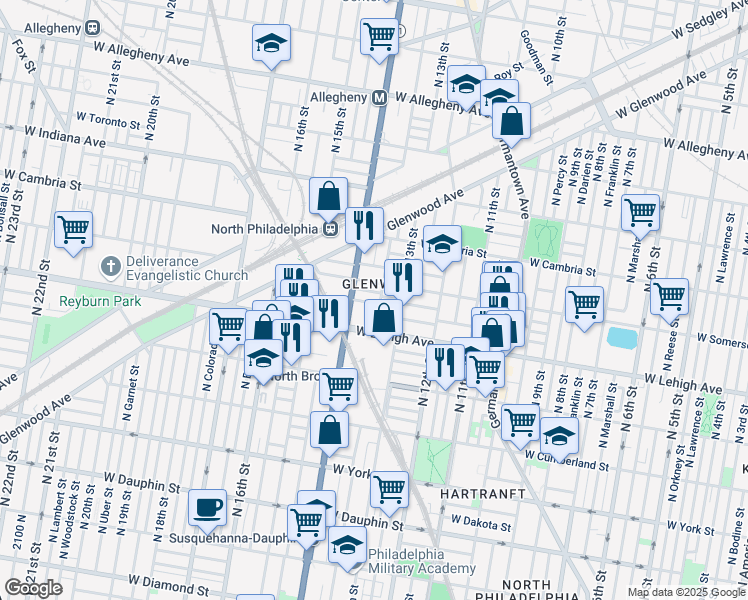 map of restaurants, bars, coffee shops, grocery stores, and more near 2727 North Park Avenue in Philadelphia