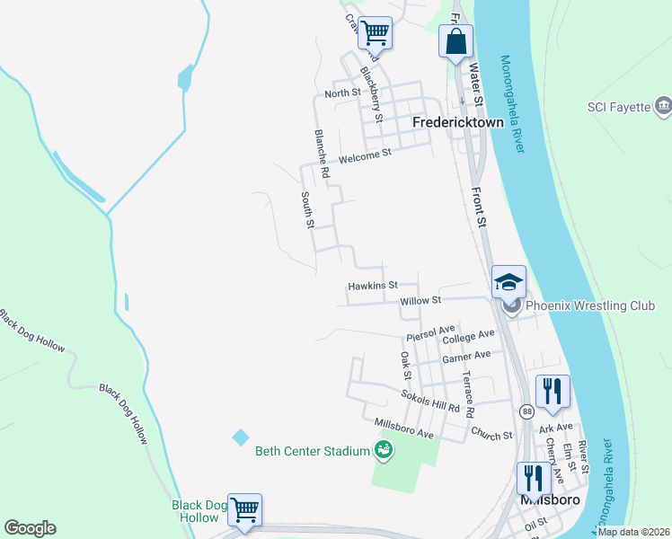 map of restaurants, bars, coffee shops, grocery stores, and more near 34 South Street in Fredericktown