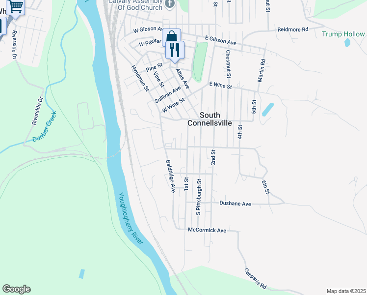 map of restaurants, bars, coffee shops, grocery stores, and more near 207 Yough Avenue in Connellsville