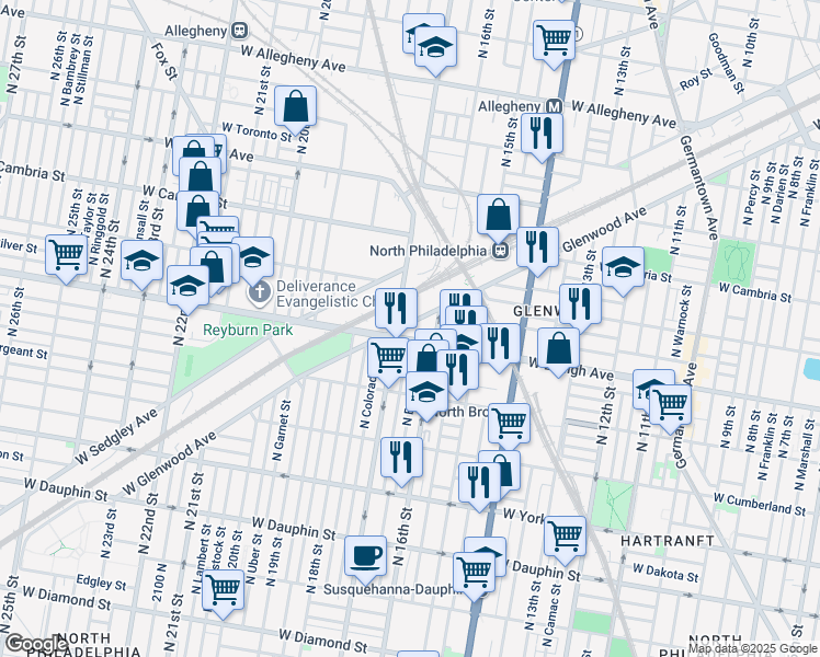 map of restaurants, bars, coffee shops, grocery stores, and more near 1638 West Glenwood Avenue in Philadelphia