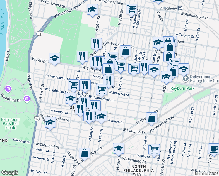 map of restaurants, bars, coffee shops, grocery stores, and more near 2642 West Huntingdon Street in Philadelphia