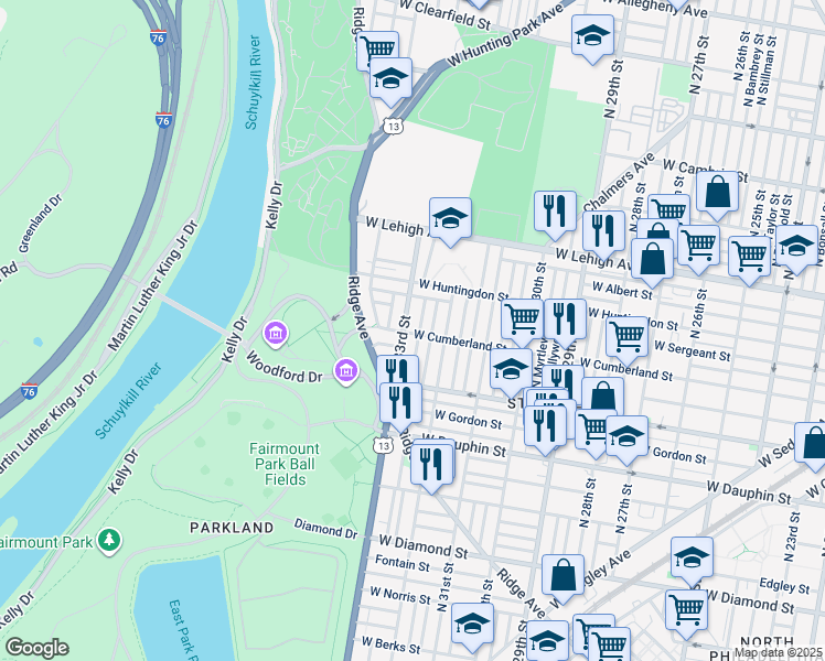 map of restaurants, bars, coffee shops, grocery stores, and more near 2501 North 33rd Street in Philadelphia
