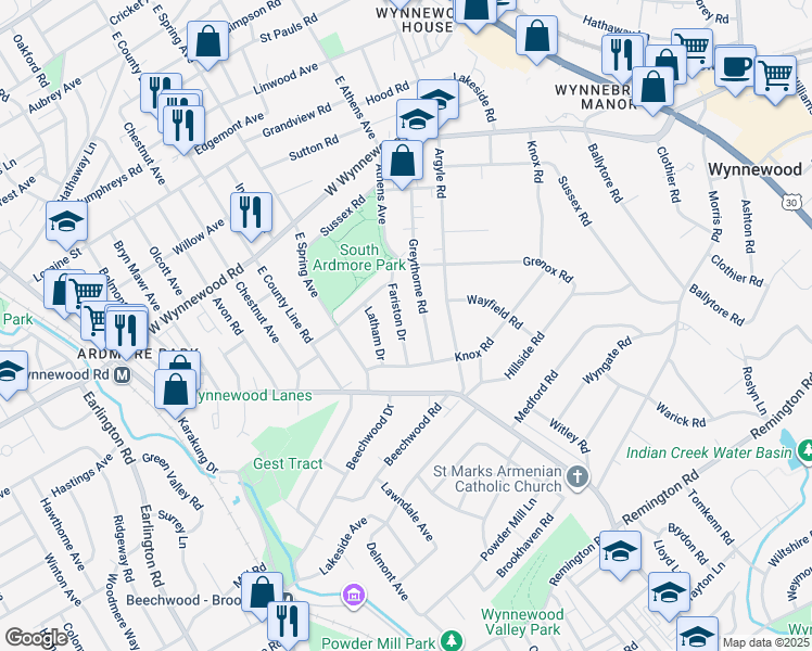 map of restaurants, bars, coffee shops, grocery stores, and more near 615 Fariston Drive in Wynnewood