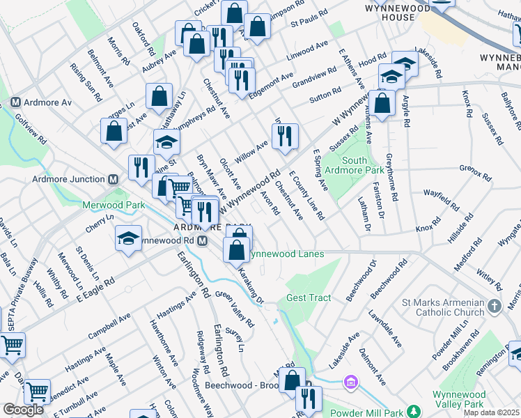map of restaurants, bars, coffee shops, grocery stores, and more near 731 Wynnewood Road in Ardmore