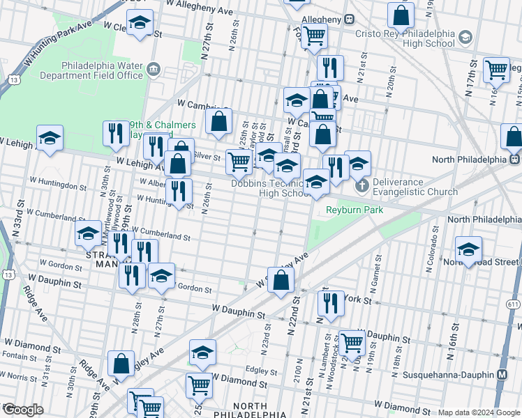 map of restaurants, bars, coffee shops, grocery stores, and more near 2619 North 24th Street in Philadelphia