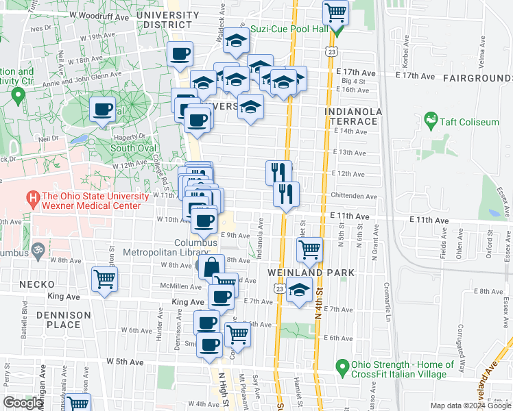 map of restaurants, bars, coffee shops, grocery stores, and more near 107 East 11th Avenue in Columbus