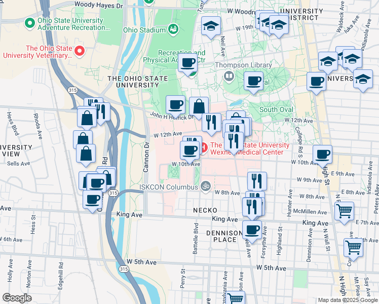 map of restaurants, bars, coffee shops, grocery stores, and more near 450 West 10th Avenue in Columbus
