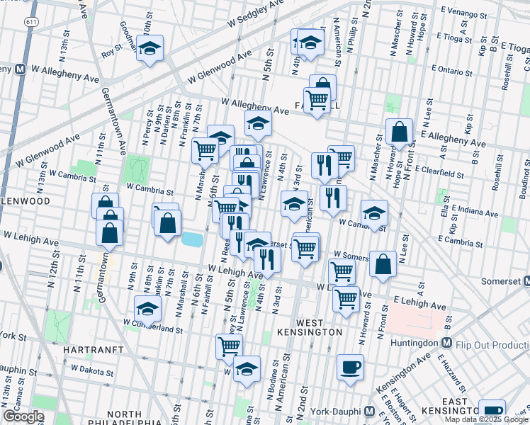 map of restaurants, bars, coffee shops, grocery stores, and more near 2870 North Leithgow Street in Philadelphia