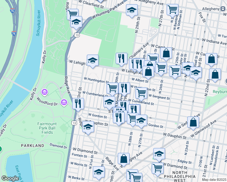 map of restaurants, bars, coffee shops, grocery stores, and more near 2528 North 30th Street in Philadelphia