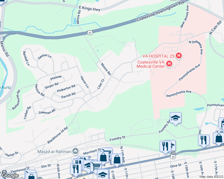 map of restaurants, bars, coffee shops, grocery stores, and more near 420 Dogwood Lane in Coatesville