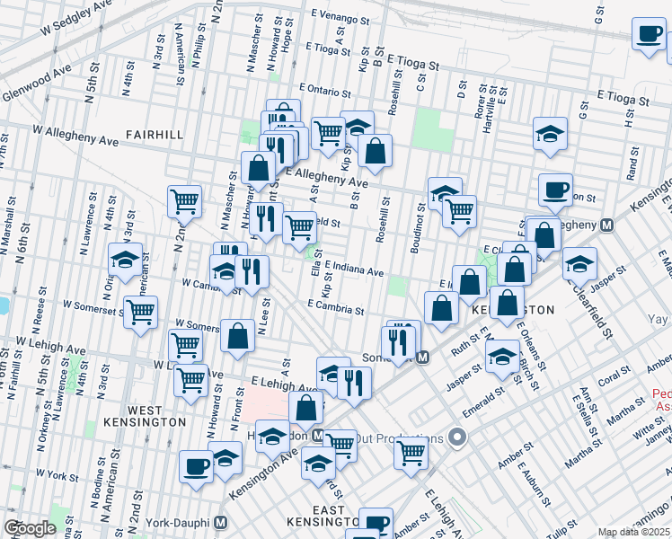 map of restaurants, bars, coffee shops, grocery stores, and more near 248 East Indiana Avenue in Philadelphia
