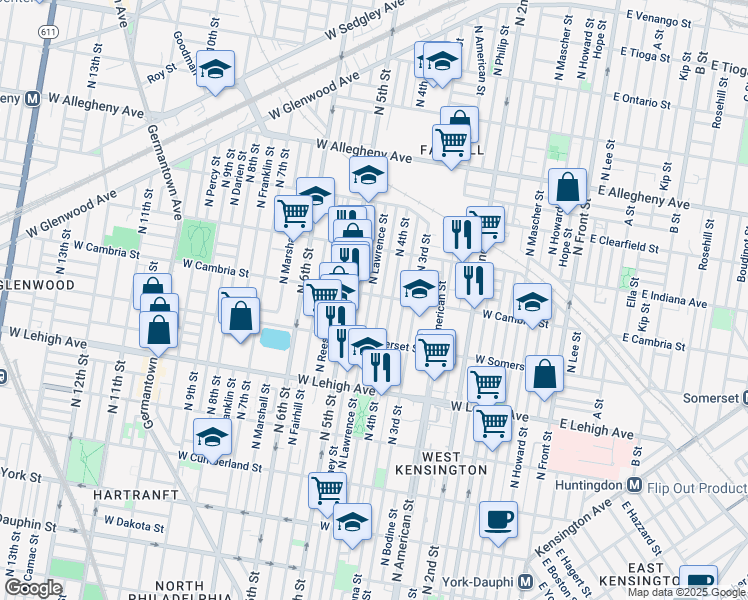 map of restaurants, bars, coffee shops, grocery stores, and more near 424 West Cambria Street in Philadelphia