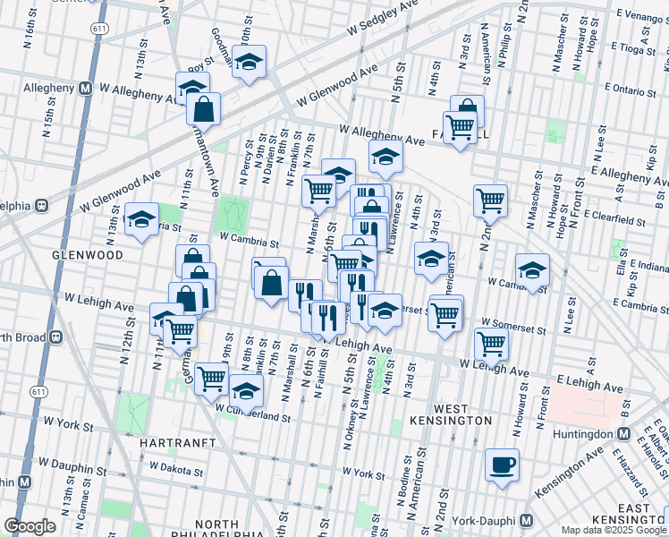 map of restaurants, bars, coffee shops, grocery stores, and more near 2848 North Fairhill Street in Philadelphia