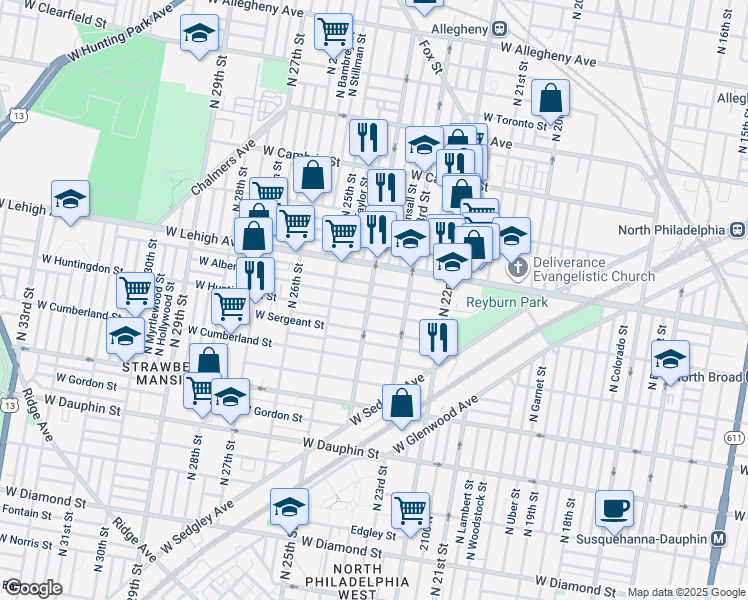 map of restaurants, bars, coffee shops, grocery stores, and more near 2619 North 24th Street in Philadelphia