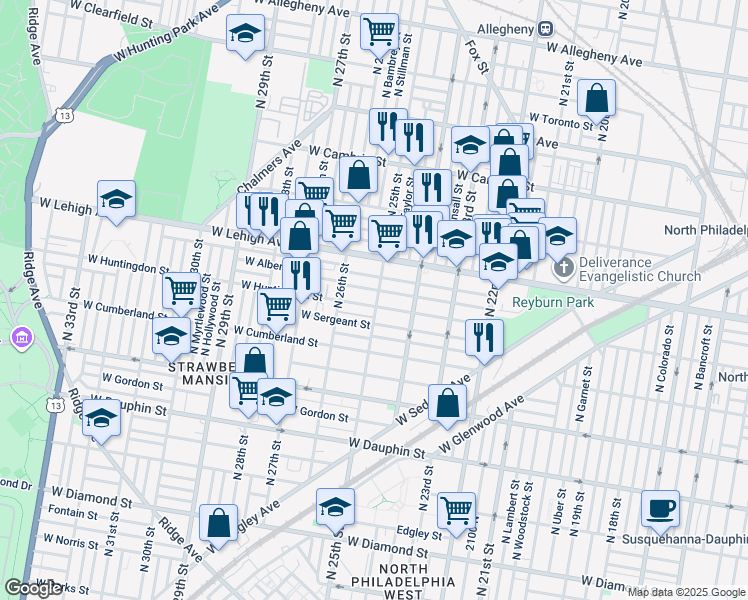 map of restaurants, bars, coffee shops, grocery stores, and more near 2501 West Huntingdon Street in Philadelphia