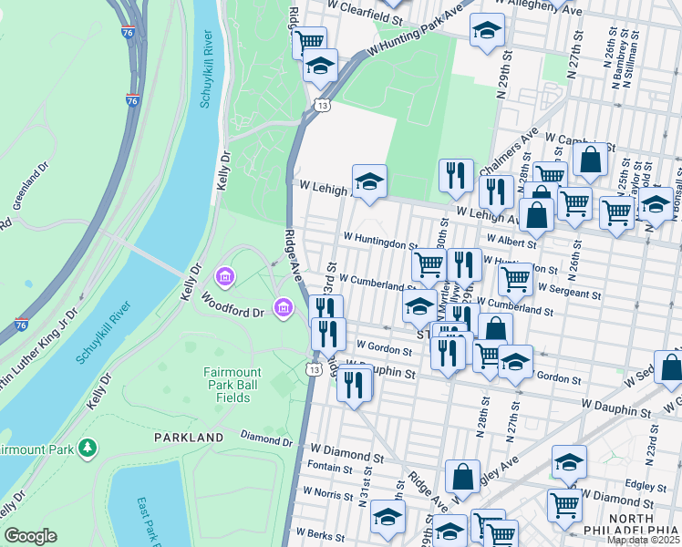 map of restaurants, bars, coffee shops, grocery stores, and more near 2502 North Douglas Street in Philadelphia