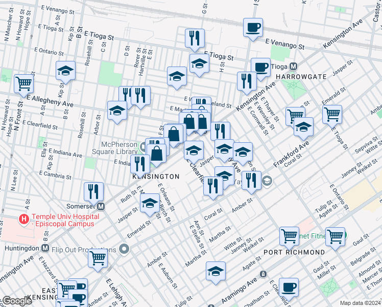 map of restaurants, bars, coffee shops, grocery stores, and more near 3113 Ruth Street in Philadelphia