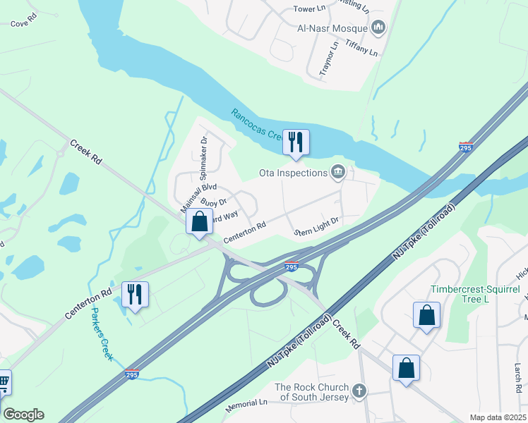 map of restaurants, bars, coffee shops, grocery stores, and more near 18 Compass Circle in Mount Laurel