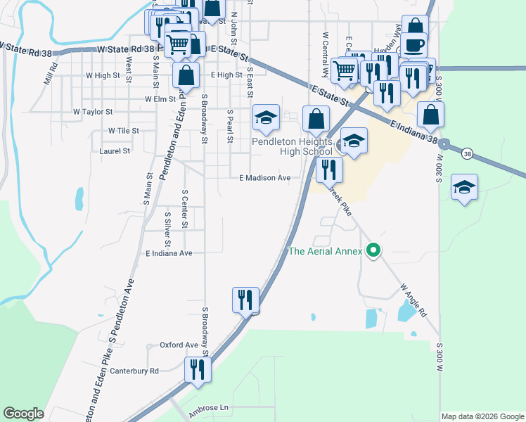 map of restaurants, bars, coffee shops, grocery stores, and more near 7558 South State Road 67 in Pendleton