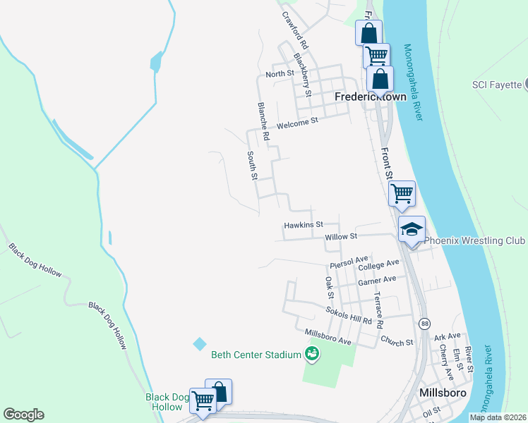 map of restaurants, bars, coffee shops, grocery stores, and more near 34 South Street in Fredericktown