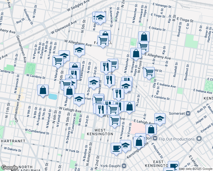 map of restaurants, bars, coffee shops, grocery stores, and more near 2907 North Philip Street in Philadelphia